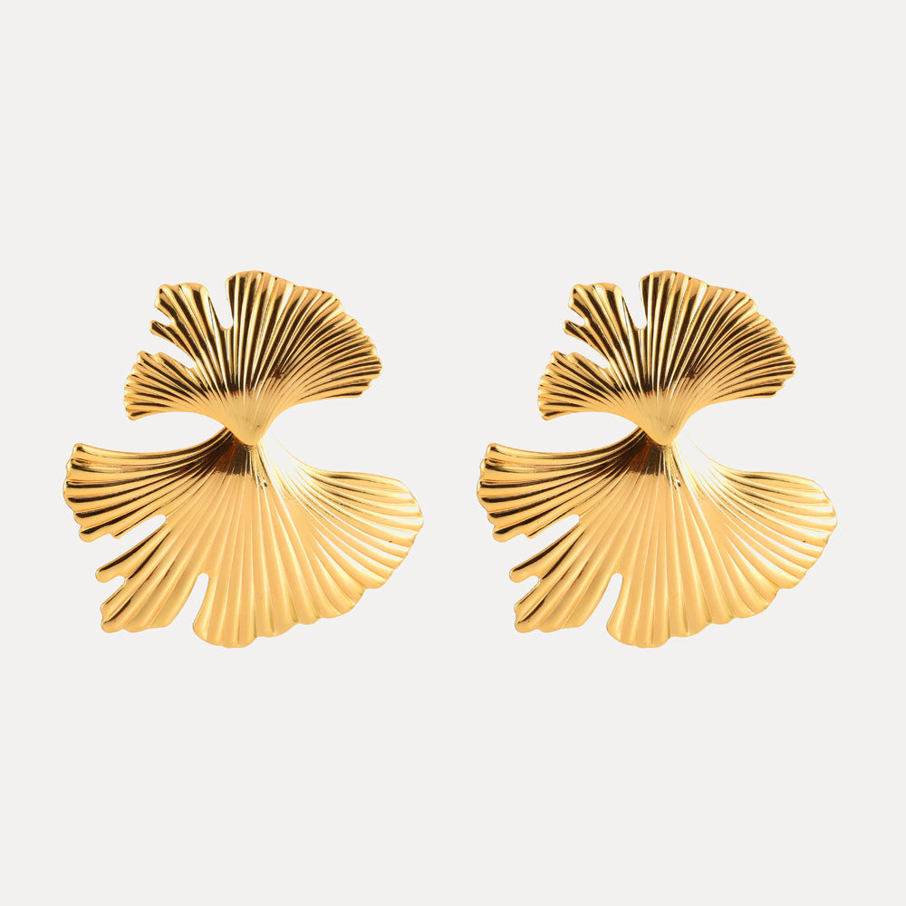 Retro Boho Textured Ginkgo Leaf Flower Dangle Stud Earring Stainless Steel