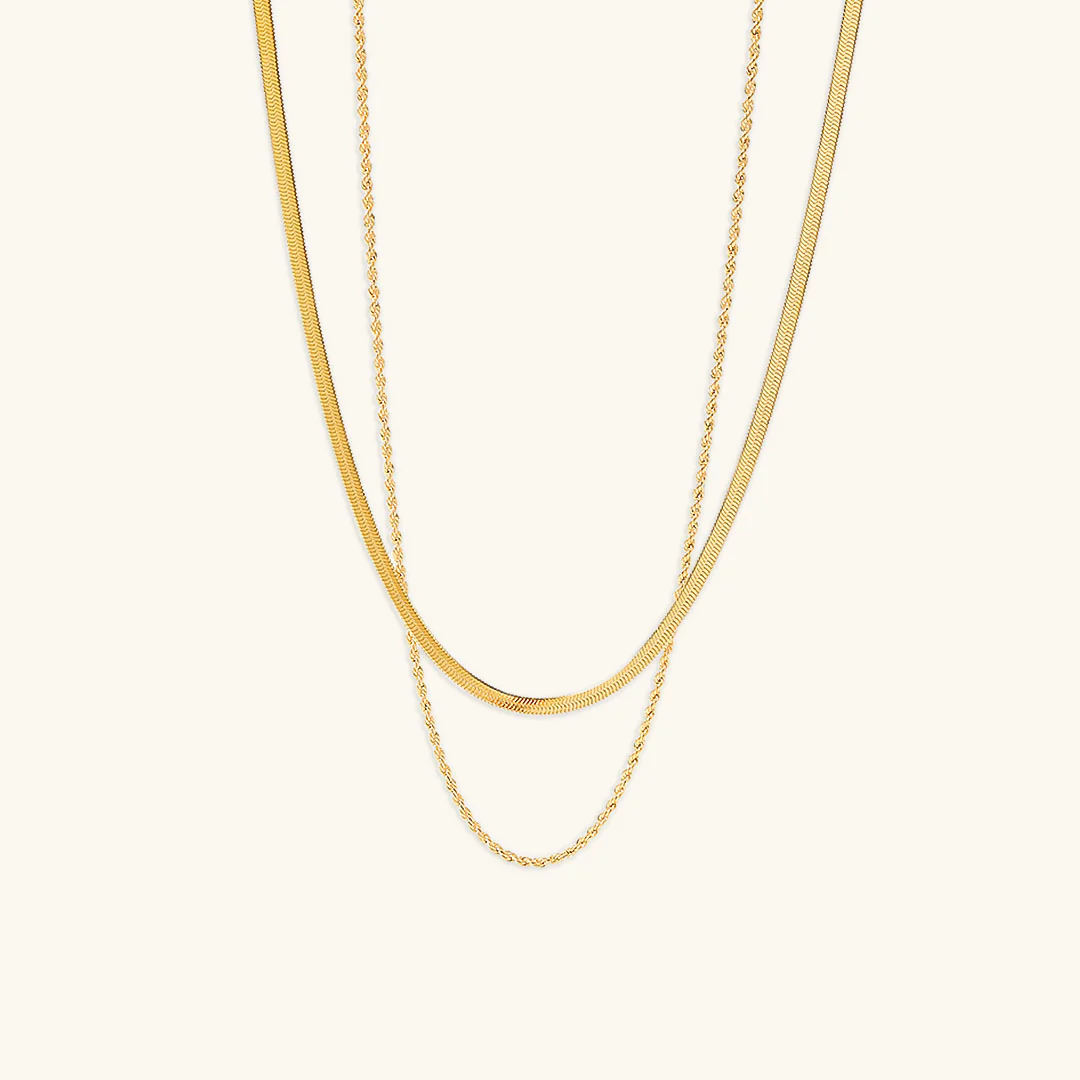 Double Layered Gold Herringbone and rope Chain Necklace