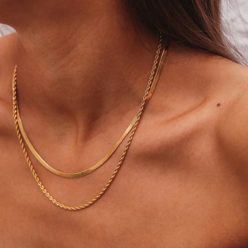 Double Layered Gold Herringbone and rope Chain Necklace