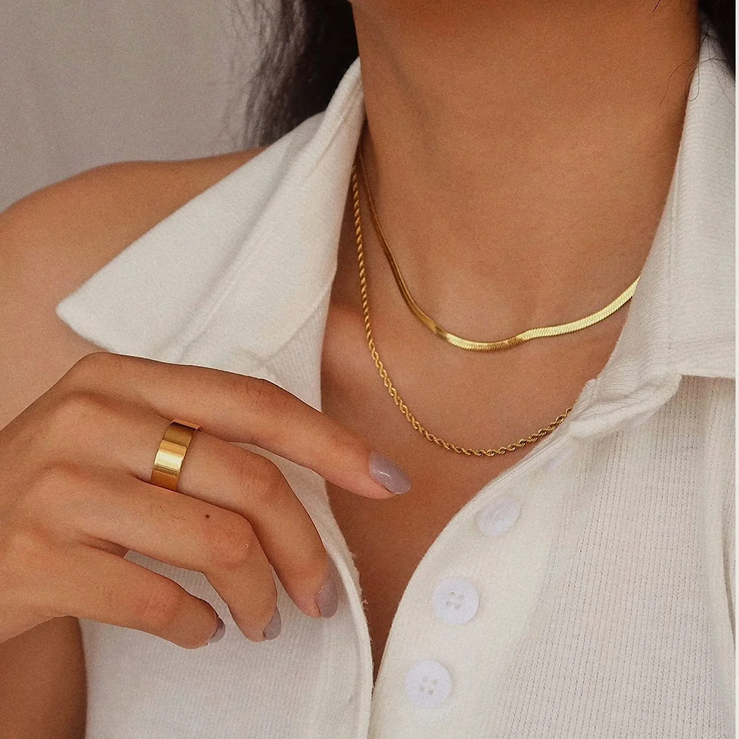 Double Layered Gold Herringbone and rope Chain Necklace