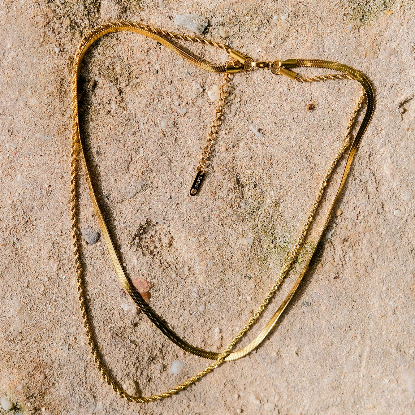 Double Layered Gold Herringbone and rope Chain Necklace