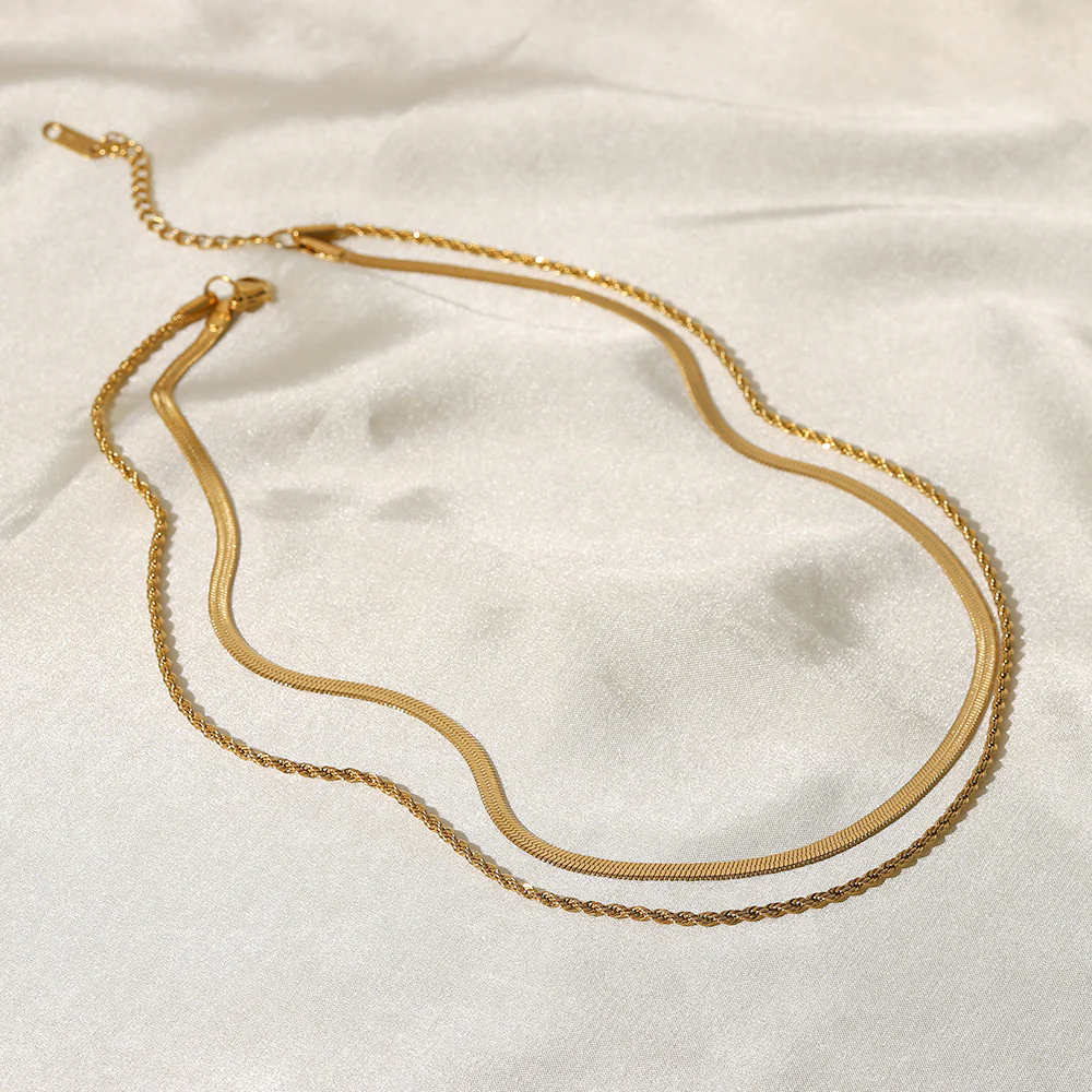Double Layered Gold Herringbone and rope Chain Necklace