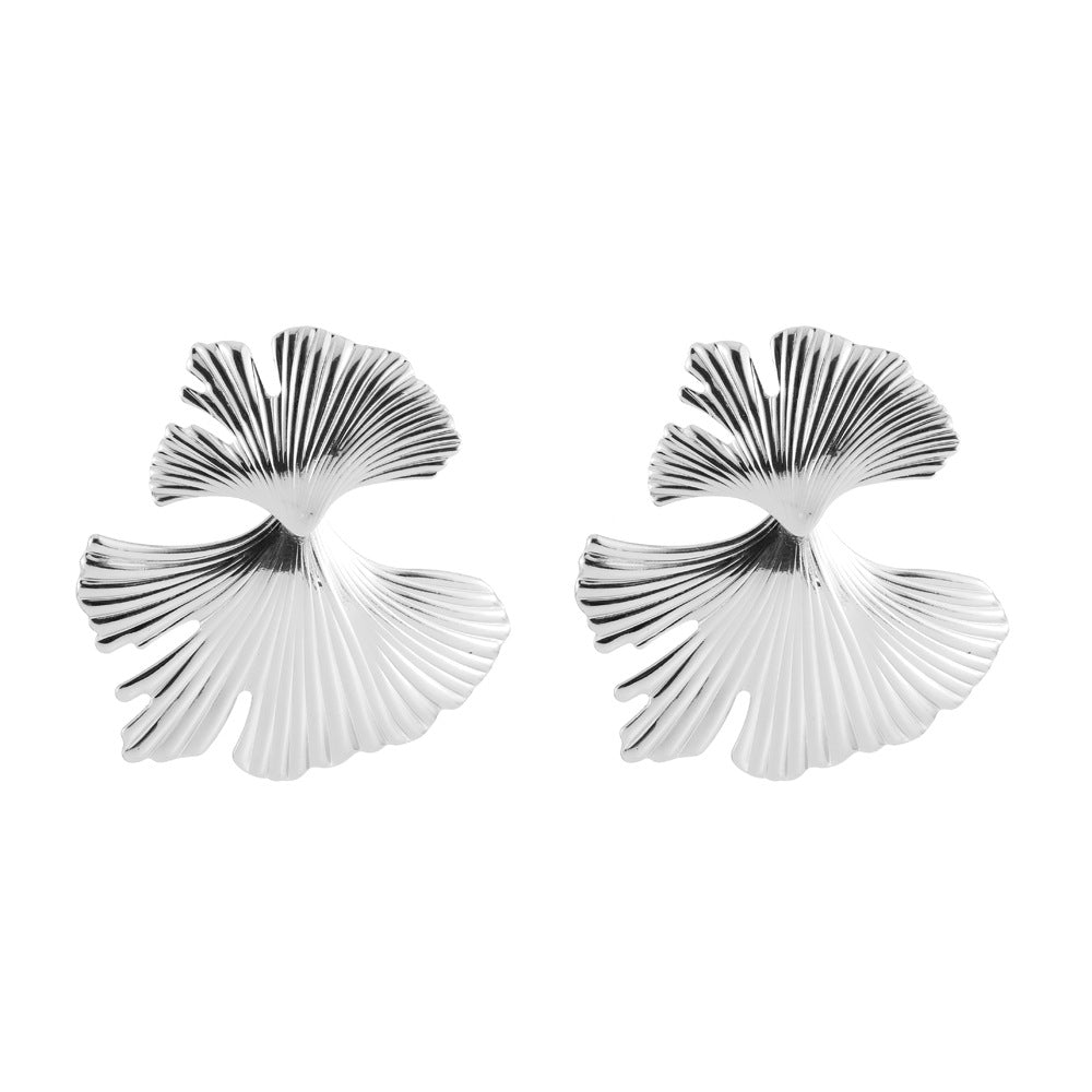 Retro Boho Textured Ginkgo Leaf Flower Dangle Stud Earring Stainless Steel
