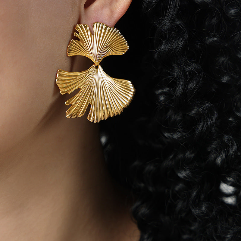 Retro Boho Textured Ginkgo Leaf Flower Dangle Stud Earring Stainless Steel