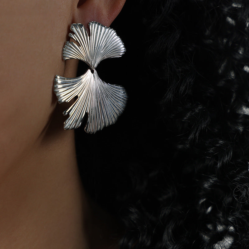Retro Boho Textured Ginkgo Leaf Flower Dangle Stud Earring Stainless Steel