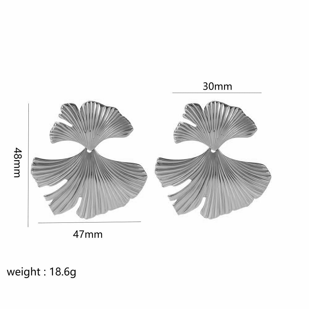 Retro Boho Textured Ginkgo Leaf Flower Dangle Stud Earring Stainless Steel