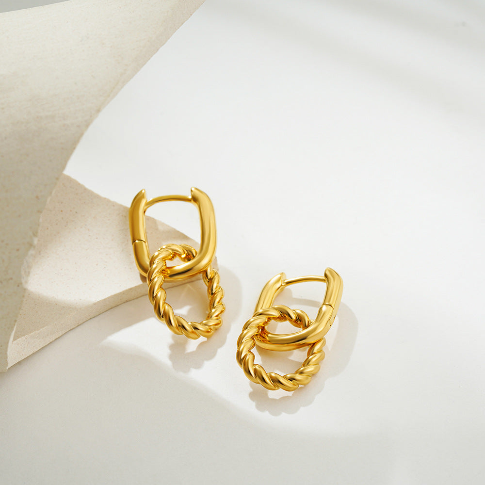 Gold Stainless Steel Twisted Drop Hoop Earring