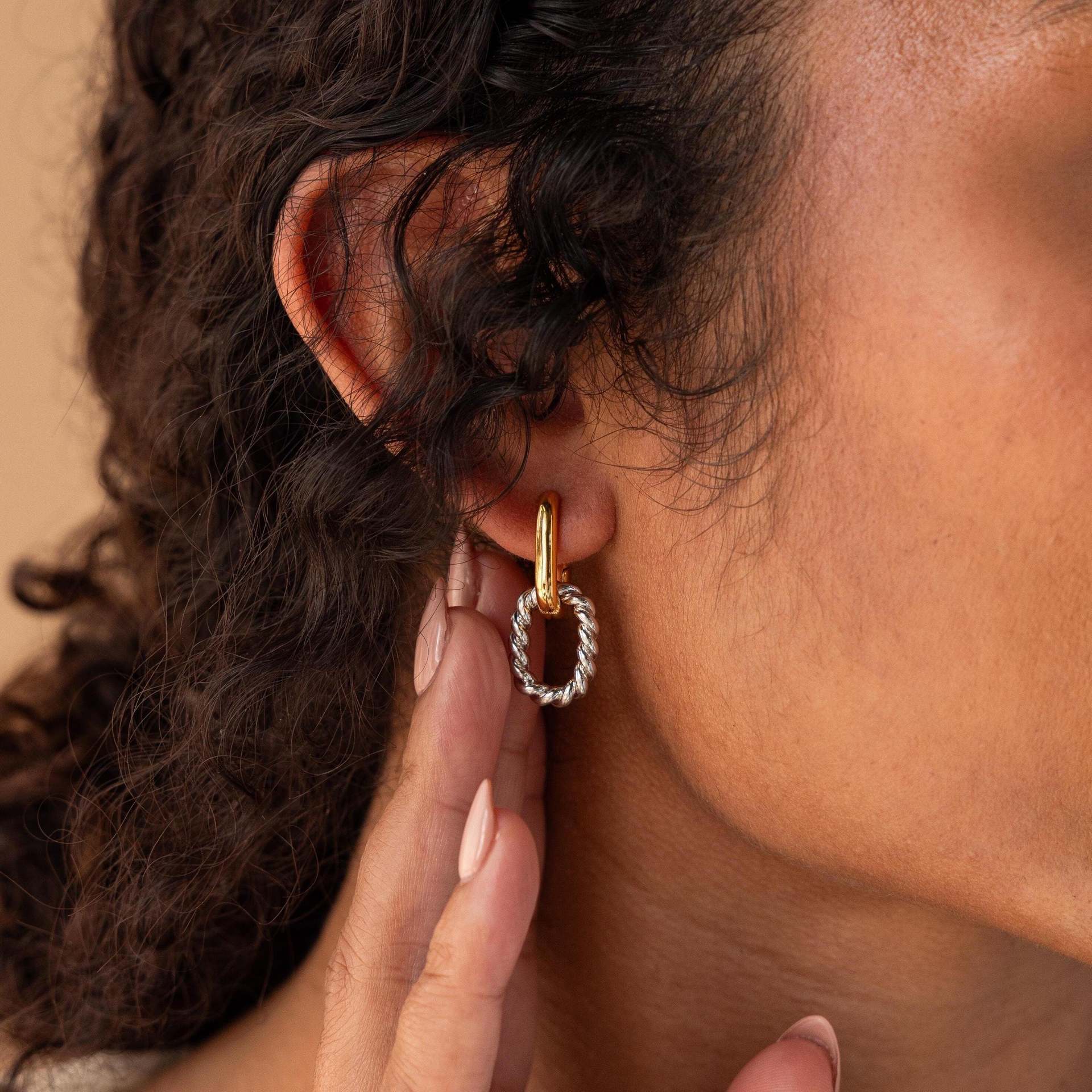 Gold Stainless Steel Twisted Drop Hoop Earring