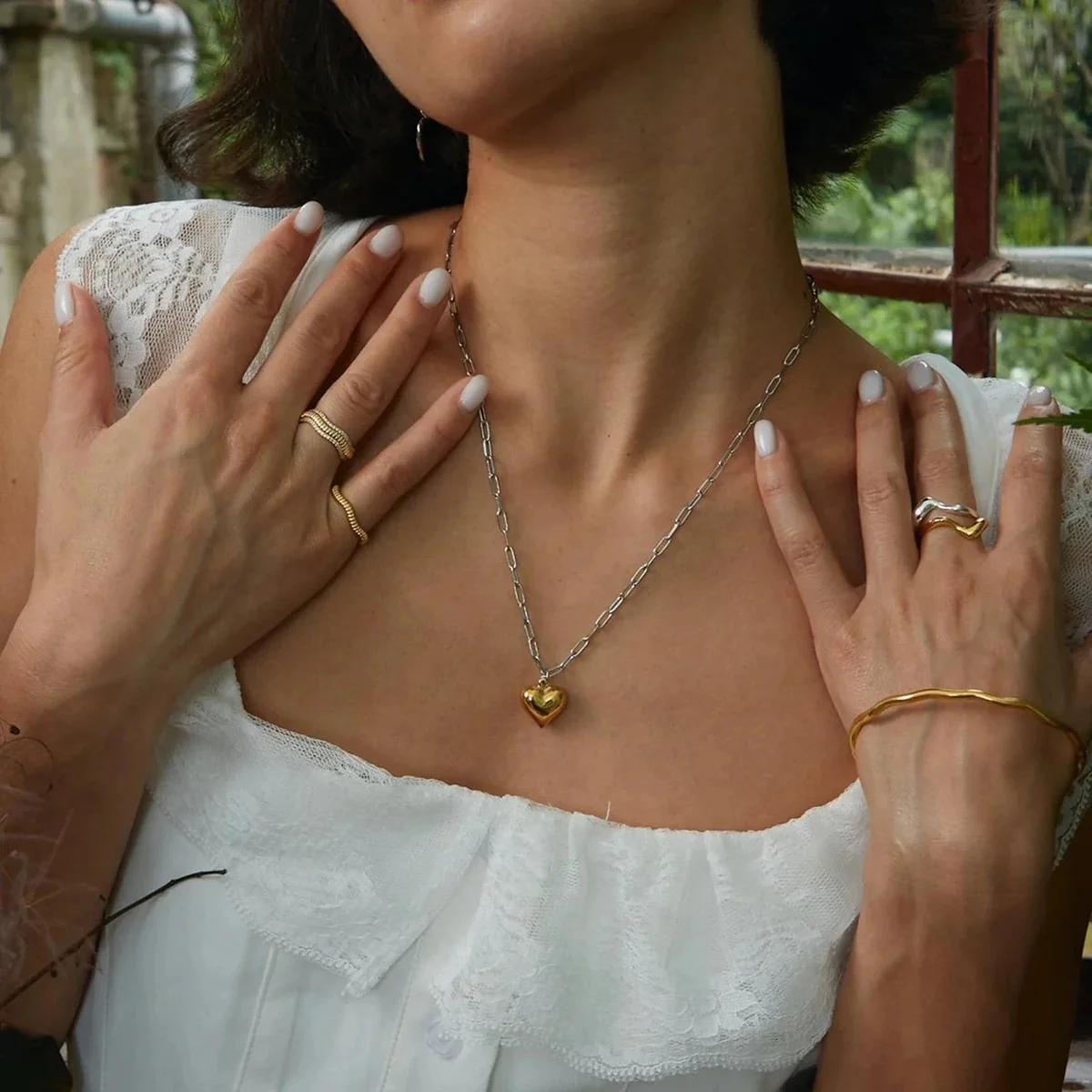 Two Tone Heart Drop Link Necklace
