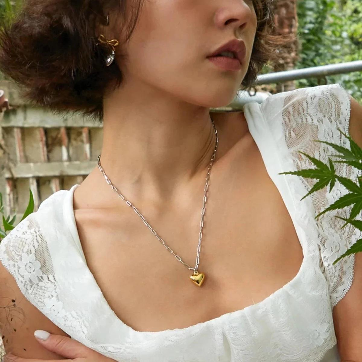 Two Tone Heart Drop Link Necklace