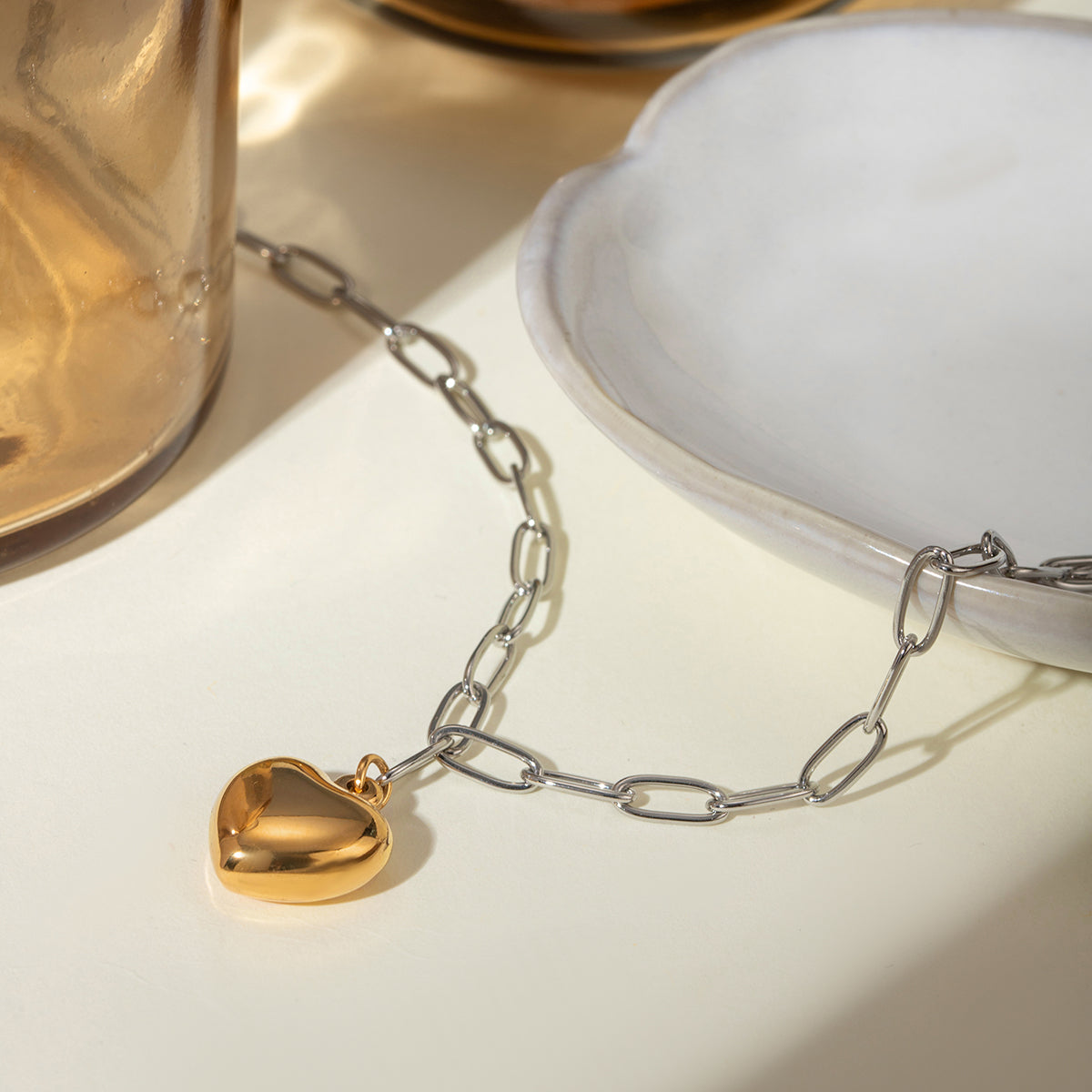 Two Tone Heart Drop Link Necklace
