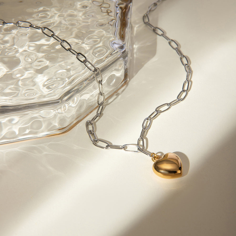 Two Tone Heart Drop Link Necklace