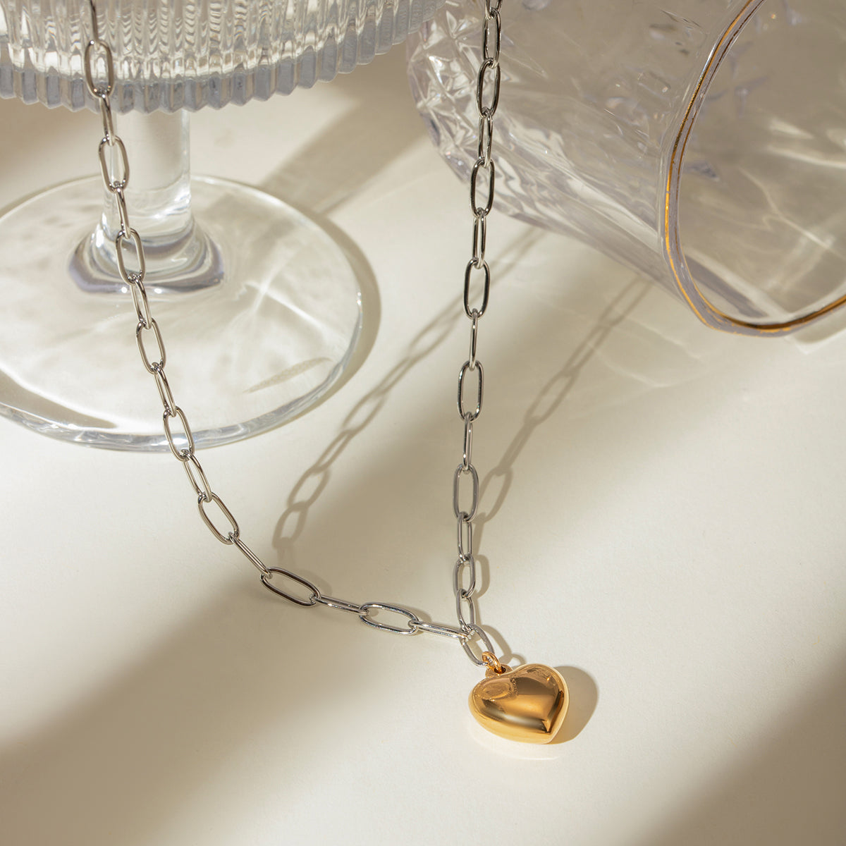 Two Tone Heart Drop Link Necklace